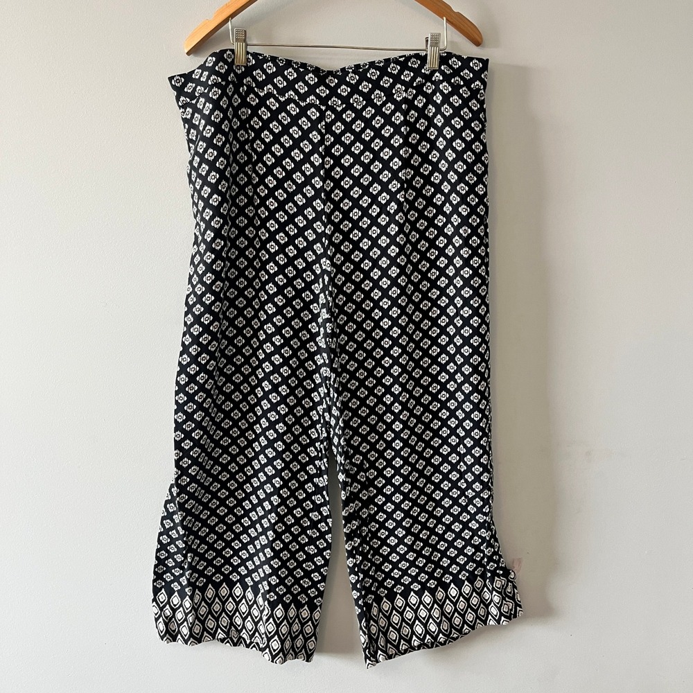 LOFT Geometric Ikat Print Crop Pants Boho Black White XL Elastic Waist Pockets